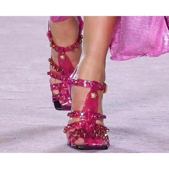NWOT DUALIPAxVERSACE Medusa Runway Studded Jelly Slant Heel Sandals Size… - Picture 4 of 14